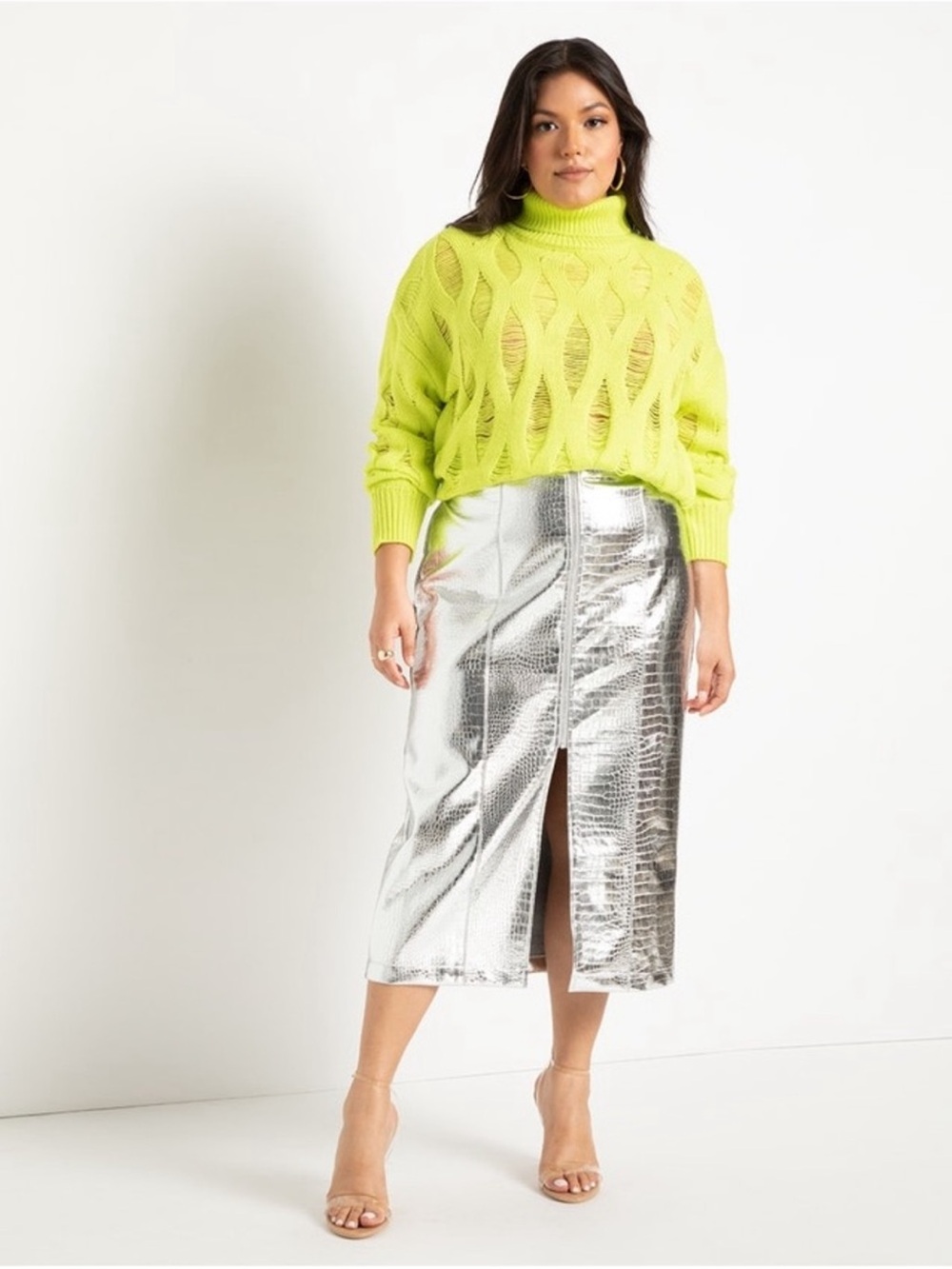 ELOQUII Metallic Silver Faux Leather Snakeskin Skirt with Front Slit size 20